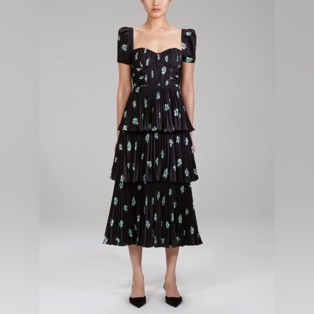 Self Portrait Pansy Printed Chiffon Midi Dress Sz US 4 Square Neck Black Green